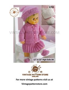 a doll is wearing a pink knitted dress and hat with matching shoes for the doll