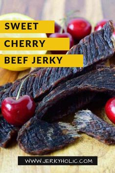 Sweet Cherry Beef Jerky on a wooden board with cherries and a lime on the side. Keto Jerky Marinade, Best Jerky Marinade, Jerkey Recipes Marinade, Dehydrated Jerky, Beef Jerky Marinade Recipe, Jerky Marinades, Dehydrated Beef Jerky