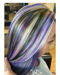 Blonde Brown Purple Hair, Dark Hair With Purple And Blonde Highlights, Silver With Purple Highlights, Hair Color With Purple Highlights, Blonde And Purple Highlights Brown Hair, Purple Lowlights, Silver Hair With Purple Highlights, Gray Hair With Purple Highlights, Purple And Blonde Highlights