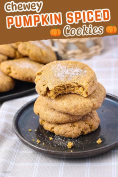 three pumpkin spiced cookies stacked on top of each other with the title above it