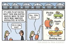 a comic strip with cars and people talking to each other about the dangers of electric vehicles