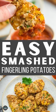 easy smashed fingerling potatoes on a white plate