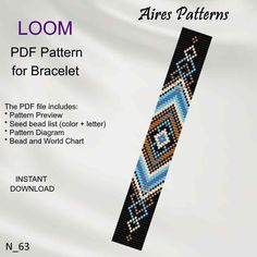 the loom pattern for bracelet is shown in blue, brown and white colors with an arrow