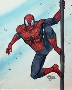 a drawing of a spider man hanging from a pole