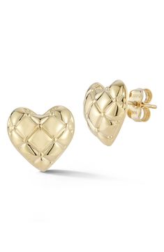 Quilted texture bring dimensional allure to these elegant heart-shaped stud earrings crafted from gleaming 14-karat gold. 3/8"W x 3/8"L Post back 14k gold Made in Turkey Classic Diamond-cut Heart Earrings For Valentine's Day, Yellow Gold Heart Earrings With Diamond Cut, Heart Shaped Yellow Gold Diamond Cut Earrings, Anniversary Yellow Gold Diamond Cut Heart Earrings, Valentine's Day Diamond Cut Heart Earrings, Diamond Cut Heart Shaped Fine Earrings, Elegant Yellow Gold Heart Earrings For Valentine's Day, 14k Gold Heart-shaped Diamond Cut Earrings, Valentine's Day Yellow Gold Heart Earrings With Diamond Cut