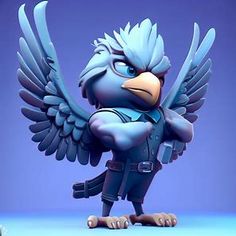 an animated bird with blue wings standing in front of a purple background and looking at the camera