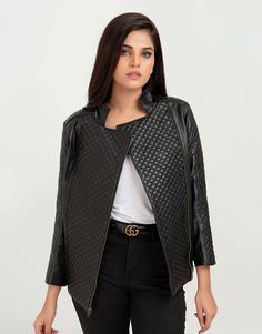 Make a style statement with this LeathersInn Women's Roxette Quilted Black Slim Leather Jacket. Tailored to fit your frame like a second skin, this jacket exhibits a modern yet graceful vibe. Made from sheepskin leather, the piece is quilted at the center of the bodice and sleeves to add a luxurious touch. With a standard length, long sleeves, and a sideway zip closure, this jacket has an ageless attitude that comes in handy time and time again. Available in Small, Medium, Large, 2XL, and 3XL. C Brown Leather Jacket Men, Womens Black Leather Jacket, Celebrities Leather Jacket, Fur Leather Jacket, Mens Fur, Mens Black Leather, Genuine Leather Jackets, Motorcycle Women, Brown Leather Jacket