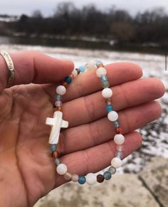 Rosary Bracelet ~Pearl cross ~10 white marble beads ~Small colorful marble beads White Spiritual Crystal Bracelet With Colorful Beads, Spiritual White Crystal Bracelet With Colorful Beads, White Rosary Bracelet With Colorful Beads As Gift, White Bohemian Rosary Bracelet For Gift, White Bohemian Rosary Bracelet Gift, White Pearl Bracelet With Gemstone Beads For Spiritual Wear, White Spiritual Pearl Bracelet With Gemstone Beads, Spiritual White Pearl Bracelet With Gemstone Beads, White Spiritual Rosary Bracelet With Cross