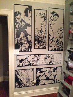 an image of a room with comic panels on the wall