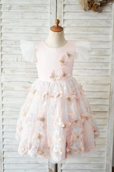 Pink Satin Butterfly Tulle Ruffles Cap Sleeves V Back Wedding Flower G - Princessly Wedding Girl, Birthday Girl Dress