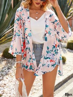 Bjux - Womens Fashion Floral Print Cover Up Shirt with V-Neckline and Long Sleeves - Ideal for Swimwear and Casual Attire High Waisted Swim Skirt, Summer Kimono, Sweater Fits, Womens Kimono, Casual Cardigans, Dress Beach, Kimono Cardigan, Printed Cardigan, Floral Chiffon