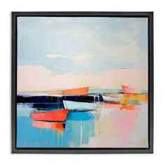 an abstract painting with boats in the water