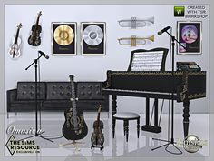 a living room filled with musical instruments next to a piano and other items on the wall