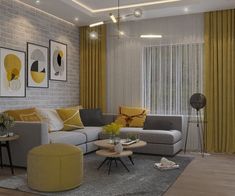 a living room with yellow and gray decor on the walls, couches, tables and chairs