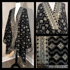 A luxurious black velvet shawl adorned with intricate golden diamond shaped embroidery. Black Velvet Shawl, Golden Diamond, Velvet Shawl, Diamond Shaped, Shawls And Wraps, Black Velvet, Diamond Shapes, Scarf Accessory, Shawl