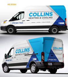 two van wrap designs for heating and cooling, including one with the word collins on it