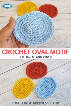 the crochet oval motif is shown in three different colors and has been made with yarn