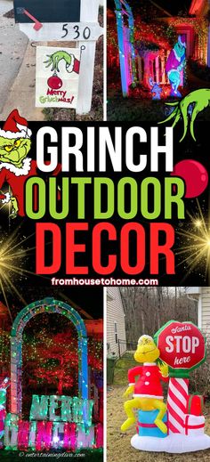 Grinch Outdoor Decor Grinch Christmas Tree Outdoor, Outside Whoville Decorations, Whoville Porch Decorations, Grinch Themed Yard Decorations, Grinch Diy Outdoor Decorations, Diy Holiday Yard Decor, Grinch Lamp Post, Outdoor Grinch Decorations Front Porches, Christmas Parade Float Ideas Theme Grinch