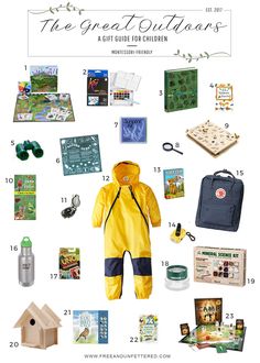 the great outdoorss gift guide for children includes items from books, backpacks and more