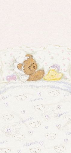 a drawing of a teddy bear laying in bed