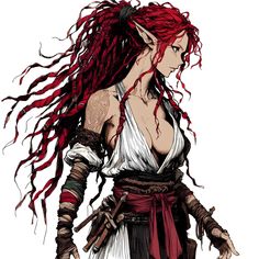 Fantasy character design. Elf girl. Red dreadlocks. Fabric open robe. Sketch style. Made by AI. Demon Character Art, Female Elf Warrior, Pathfinder Races, Fictional Races, Dungeons And Dragons Books, Elf Warrior, Female Elf