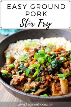 an easy ground pork stir fry with rice in a bowl