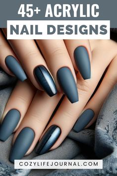 Elegant matte blue acrylic nails in various designs, held against a gray fabric background, from CozyLifeJournal.com. Black French Tip Ombre Nails, Acrylic Nail With Gel Polish, French Tip Nails Matte, Fall Matte Nails Colors Shades, Autumn Nails Coffin Shape, Matte With Shiny Tip, Flat Nail Polish Ideas, November Nails Matte, Nail Types Acrylics