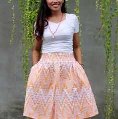 Be ready to stand out with this pastel skirt with special zigzag stripe and ikat print. They are actually batik skirts, depicting intricate bamboo shoots or pucuk rebung, a symbol of hope and life. So they are not a common chevron skirts. Made of manually screen printed cotton fabric, the silk print skirts are certainly meaningful skirts, if you will. Good symbolism aside, these are beautiful skirts for women and teens. These bamboo skirts are comfortable skirts, featuring a shirred waist band for easy fit, a roomy A-line silhouette, pleats, and two side pockets. The simple skirt will pair well with your other fashion items, accessories, and or jewelry.  At check out, choose your pastel dusty color:  - pastel blue skirt or pastel turquoise skirt - pastel orange skirt (sold out) Small to Pl Chevron Skirts, Bamboo Skirt, 1950 Style, Turquoise Skirt, Vintage Style Skirts, Pastel Skirt, Everyday Skirts, Batik Skirt, Print Skirts