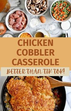 chicken cobbler casserole in a cast iron skillet with text overlay