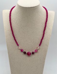 Fuchsia Pink Dyed Jade Magenta banded agate facet cut accented with silver hematite 17 inch with 4 inch extender  the extender chain is silver tone Pink Agate Beaded Necklaces With Round Beads, Pink Agate Beaded Necklace With Round Beads, Pink Agate Beaded Necklaces, Pink Agate Gemstone Bead Necklace, Adjustable Pink Gemstone Beaded Necklace, Adjustable Pink Gemstone Beaded Necklaces, Pink Agate Beaded Necklace, Adjustable Pink Agate Necklace, Adjustable Pink Crystal Necklaces With Natural Stones