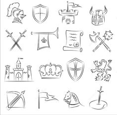 hand drawn medieval symbols and emblems on white background stock photo 547982