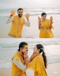 two pictures of a man and woman on the beach with their hands in the air