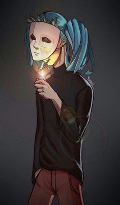 a drawing of a person with blue hair holding a light in their hand and looking at the