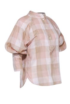 Go preppy and posh for those crisp months with this pastel piece from Joie! Made with billowy bell sleeves and a pop of plaid in a precious light pink hue, this cotton creation is perfect for adding some ethereal vibes to your autumn wardrobe. You’ll be looking light and airy for the pumpkin patch, apple orchard and beyond when you pair this beauty with mom jeans and your best booties. Size M 100% Cotton Front half button-up closure Micro plaid lining High neckline Long balloon sleeves All-over Plaid Puff Sleeve Cotton Top, Feminine Gingham Cotton Tops, Plaid Cotton Top With Puff Sleeves, Cotton Gingham Blouse With Puff Sleeves, Pink Blouson Sleeves Top For Daywear, Pink Tops With Blouson Sleeves For Daywear, Autumn Wardrobe, Balloon Sleeve Blouse, Apple Orchard