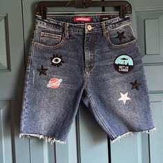 Awesome Customized Cutoff Denim Bermuda Shorts! Fun Spacey Patches! Bnwot. Size 7. Patched Denim, Denim Patches, Custom Patches, Bermuda Shorts, Jean Shorts, Denim Shorts, Color Blue, Size 7, Womens Shorts