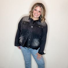 Features fringe, lightweight denim and lightweight buttons. Ash has this layered with a long sleeve top in the xl as a size 16. Non stretch but oversized Details Denim Jacket Brand: Savanna Jane Color: Black Sizing S (2-6) | M (8-10) | L (12-14) | XL (16-18) | 2X (20-22) | 3X (22-24) Ashley (Size 16 regular and 40H bust) wears size XL Fabric Fit & Feel 90% Cotton 5% Poly 5% Viscose Relaxed fit with room in the tummy (Taco friendly :-) Measurements (approximate and taken while laying flat) Length Casual Long Sleeve Denim Jacket For Layering, Casual Relaxed Fit Denim Jacket For Layering, Washed Black Long Sleeve Denim Jacket For Everyday, Trendy Washed Black Long Sleeve Denim Jacket, Trendy Washed Black Denim Jacket, Long Sleeve Denim Jacket With Frayed Hem For Everyday, Everyday Denim Jacket With Frayed Hem And Long Sleeves, Everyday Long Sleeve Denim Jacket With Frayed Hem, Trendy Long Sleeve Denim Jacket For Layering