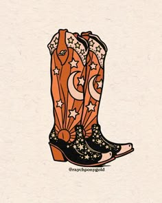 a pair of cowboy boots with stars and moon designs on the soles, against a white background