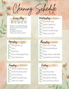 a printable cleaning schedule is shown with flowers on the back and pink watercolor background