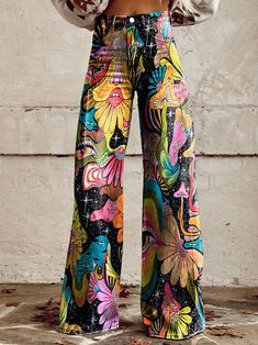 Painted Pants, Wide Leg Pants Casual, Flower Art Print, Abstract Flower Art, Womens Wide Leg Pants, Skirt Suit Set, Casual Wide Leg Pants, Abstract Flower, Flower Prints Art