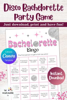 the bachelor party game is shown in pink and white