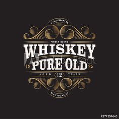 whiskey label design with gold lettering and swirls on black background, suitable for printing