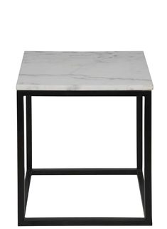 a white marble top side table with black metal frame and square base, against a white background