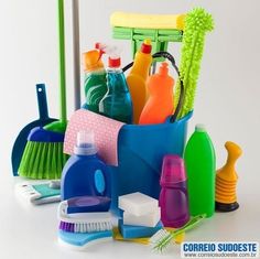 various cleaning products are arranged in a bucket on a table with the words correo sudeste written below it