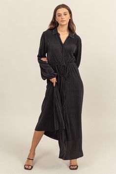 Ribbed button down maxi dress with tie belt Chic Long Maxi Dress With Button Closure, Casual Belted Maxi Dress For Date Night, Belted Maxi Shirt Dress For Daywear, Casual Fitted Maxi Dress With Tie Fastening, Spring Solid Color Belted Maxi Dress, Casual Maxi Dress With Tie Waist For Date Night, Maxi Dress With Tie Waist, Solid Button-up Maxi Dress For Daywear, Fall Maxi Length Shirt Dress For Casual Wear