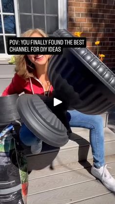 a woman is sitting on a bench with a giant object in her hand and the caption reads pov, you finally found the best channel for diy ideas