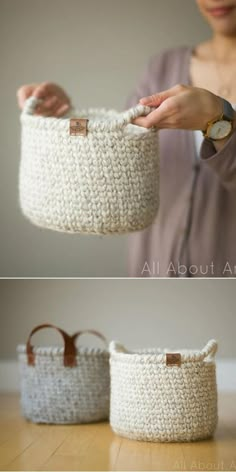 a woman is holding a white basket with brown handles and leather straps on the handle