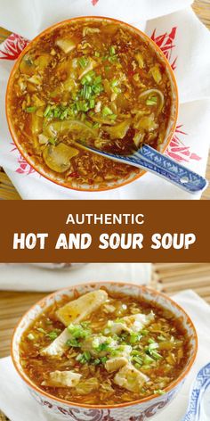 hot and sour soup in a bowl on a wooden table with the title authentic hot and sour soup