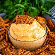 a bowl filled with hummus and pretzels on top of some crackers