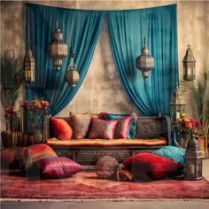 a living room filled with lots of colorful pillows