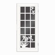 an image of a window with flowers on the outside and side panels in black and white